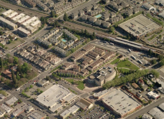 Aerial view of urban housing constructed near the Downtown Hayward BART Station and City Hall