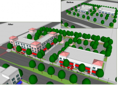 Example of how auto-oriented and strip commercial properties (top right) can be transformed into attractive pedestrian-oriented developments that frame and enhance the visual character of corridors (bottom) by incorporating the design strategies in Policy LU-4.4.
