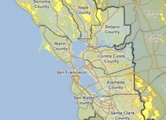 Areas of the San Francisco Bay Area that burned during wildfires between 1950 and 2011 (yellow).  Source: Association of Bay Area Governments